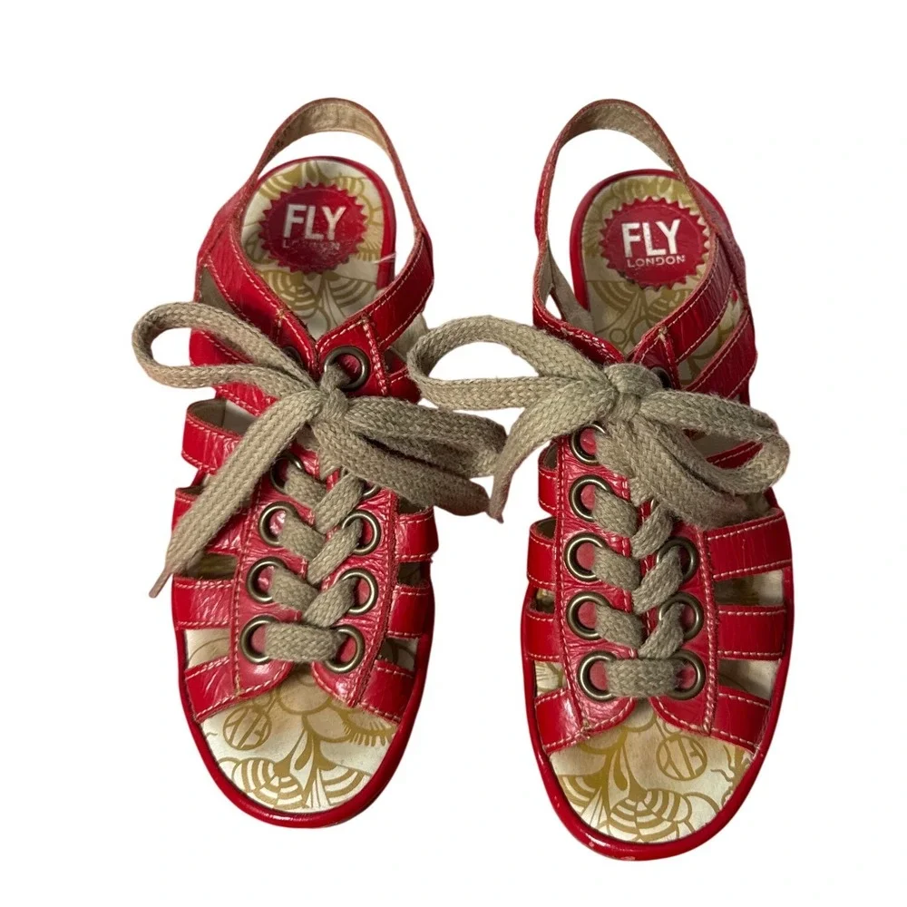 Fly London Wedge Sandals Women 37 Red Good Lace Up Gladiator Platform P500459016